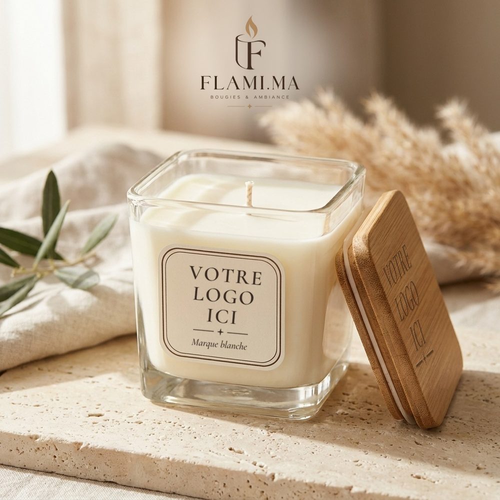 Bougie en marque blanche, pot carré et couvercle en bambou gravé