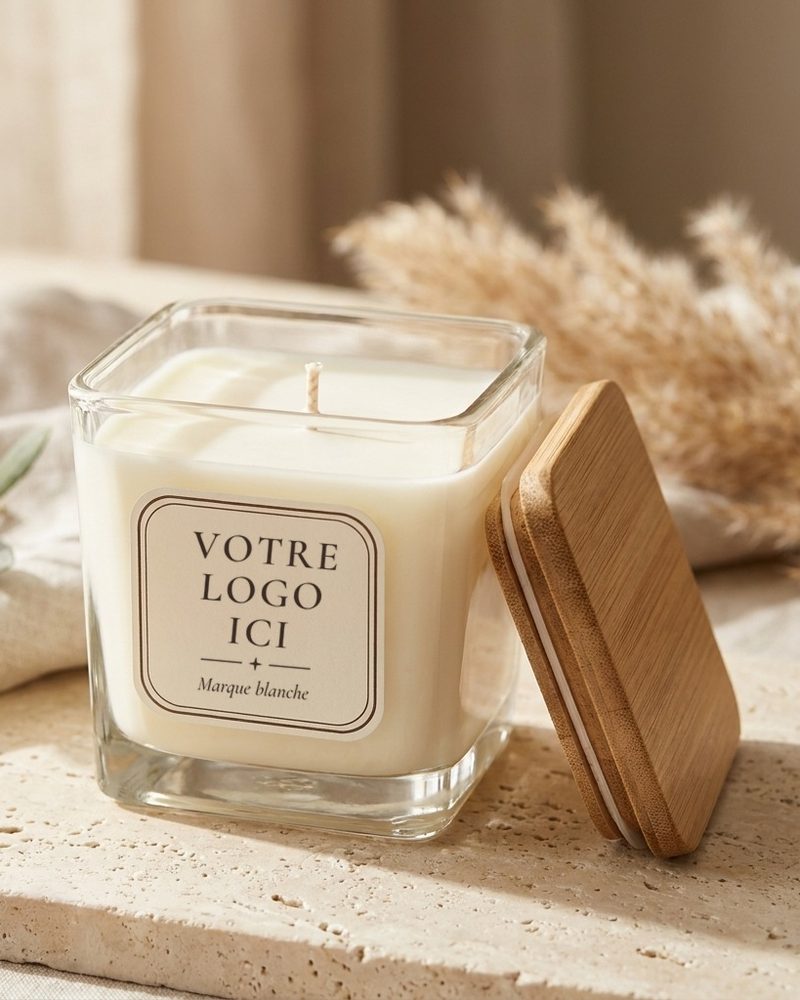 Bougie personnalisée Flami en pot carré, étiquette « Votre logo ici » et couvercle en bambou