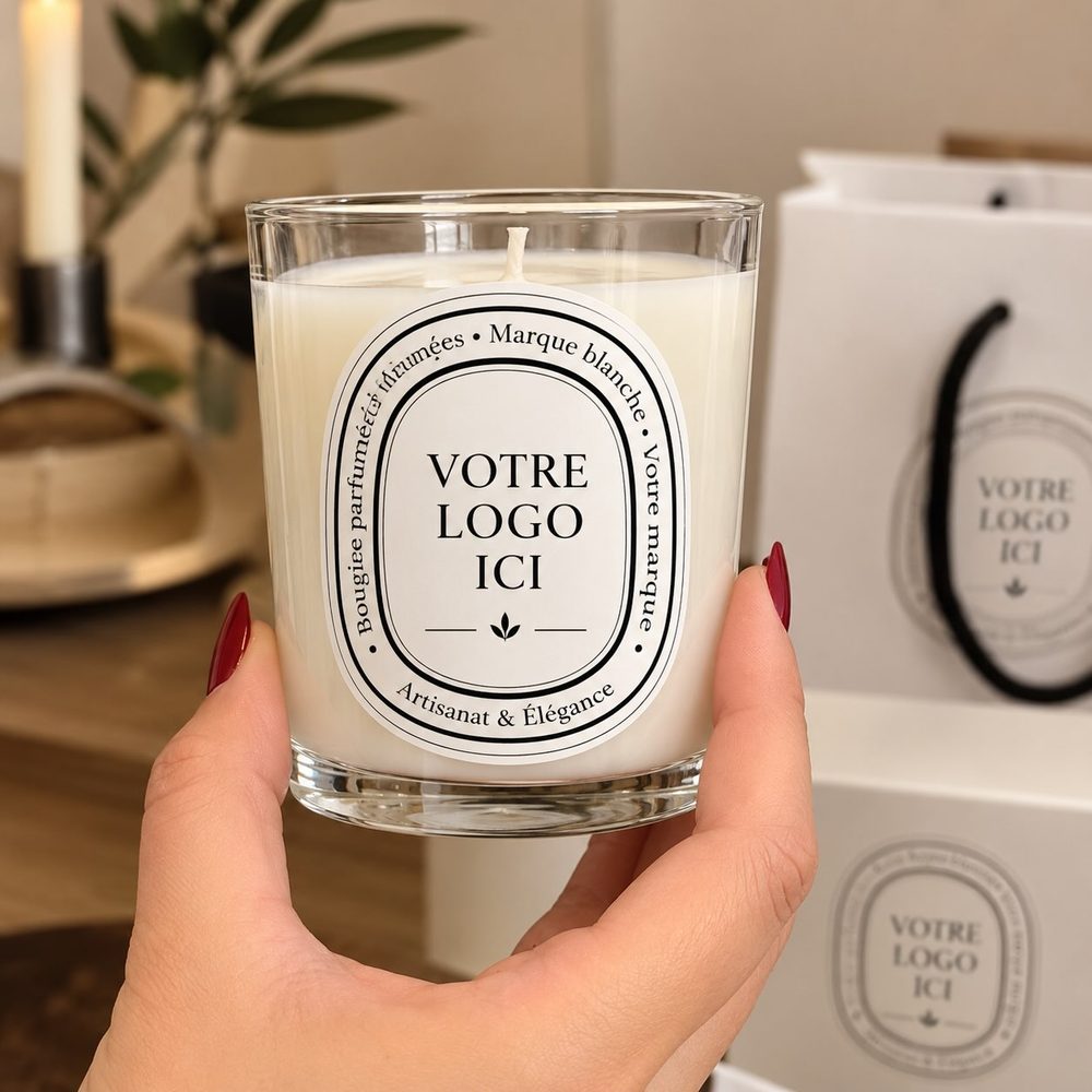 Bougie cadeau d’entreprise tenue en main, avec étiquette personnalisée